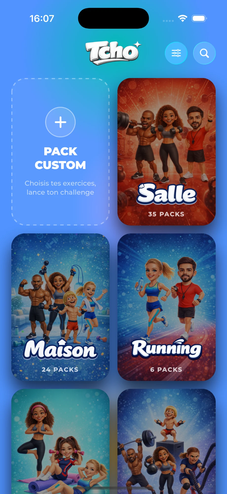 The Tcho app — workout challenge packs: Salle, Maison, Running, Yoga, and a custom pack